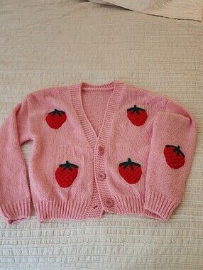 Kids Pink Strawberry Knit Cardigan Sweater